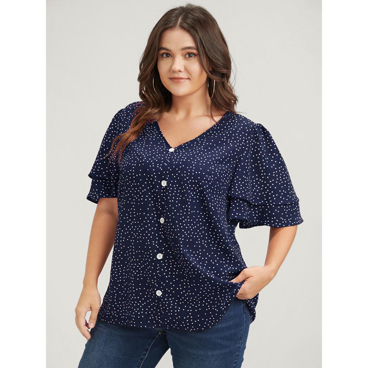 Plus Size Navy Polka Dot Ruffle Sleeve Button Front Blouse Women Elegant Short sleeve V-neck Dailywear Blouses BloomChic 28/5X Product Image