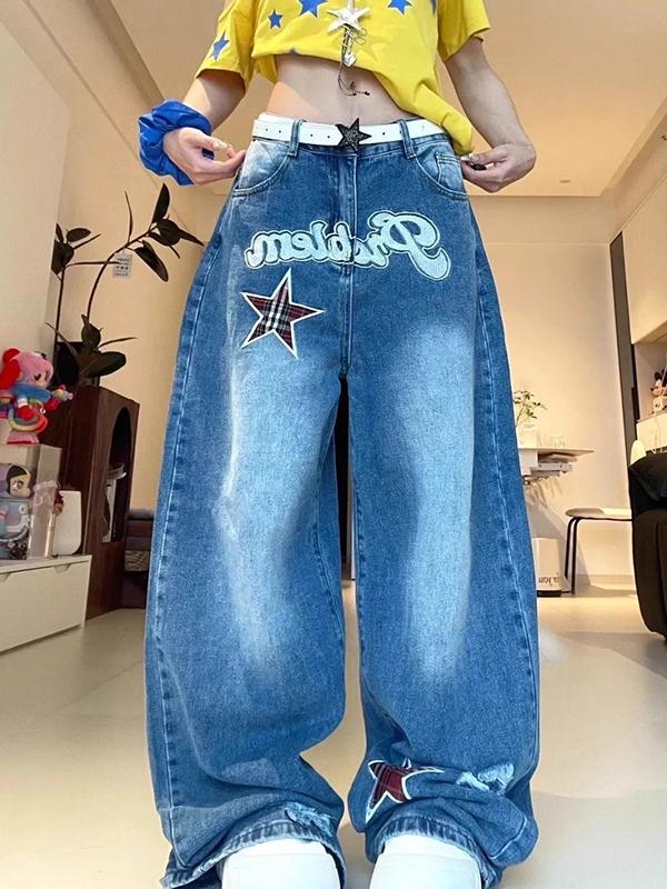 Retro Patchwork Letter Stars Boyfriend Jeans Product Image