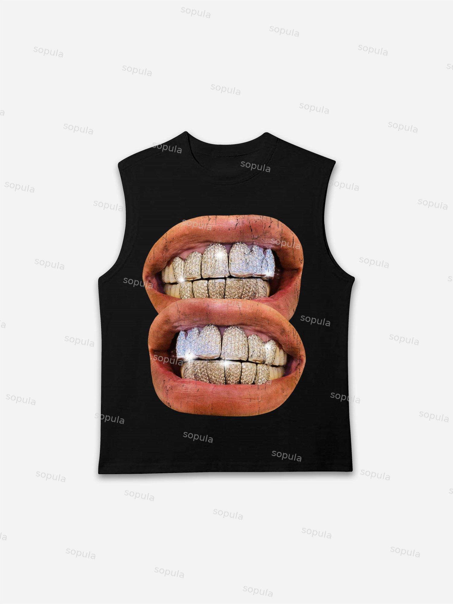 Street Vintage Diamond Braces Lip Graphic Tank Top Product Image