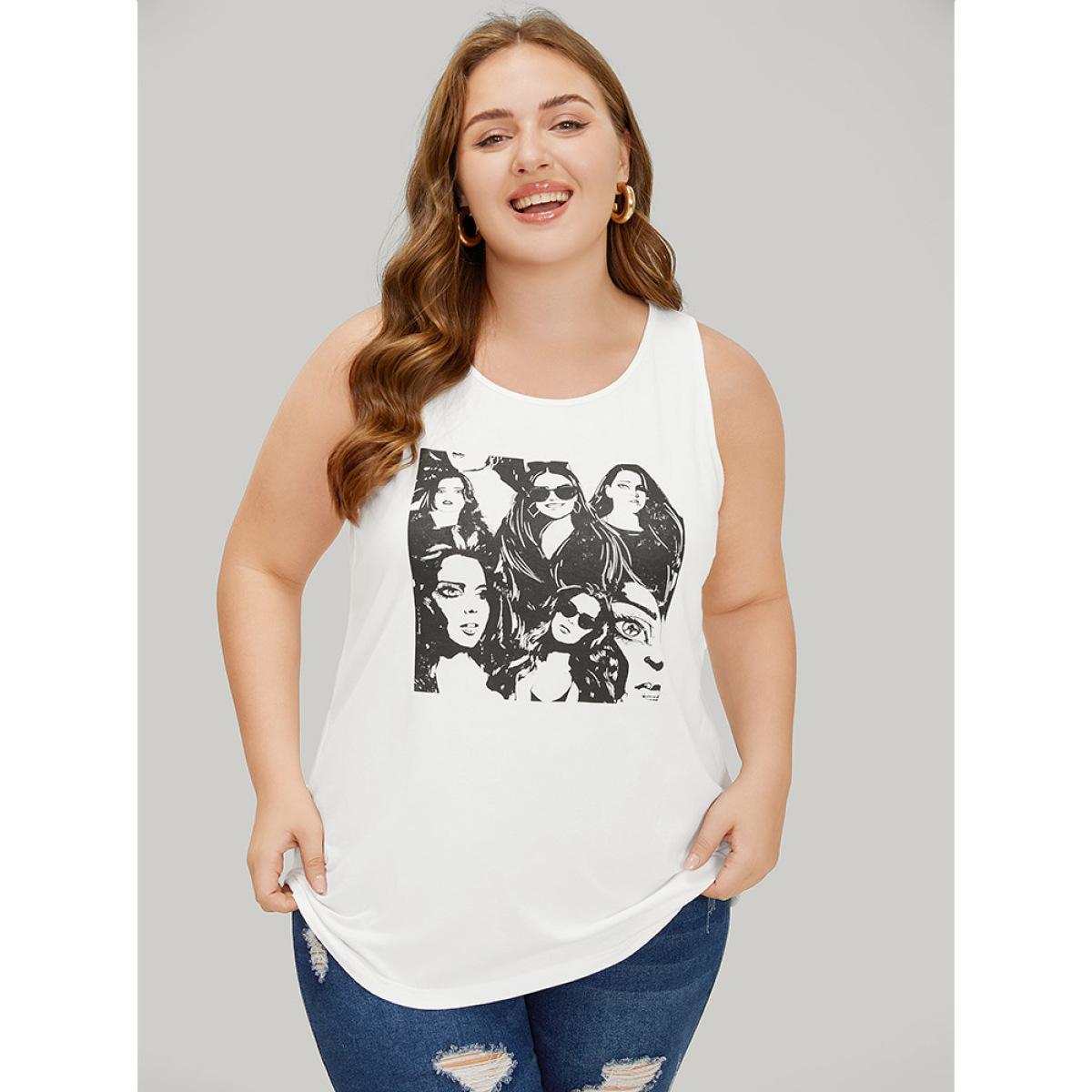 Plus Size Figure Print Sleeveless Tank Top Women White Casual Dailywear Tank Tops Camis BloomChic 28/5X Product Image