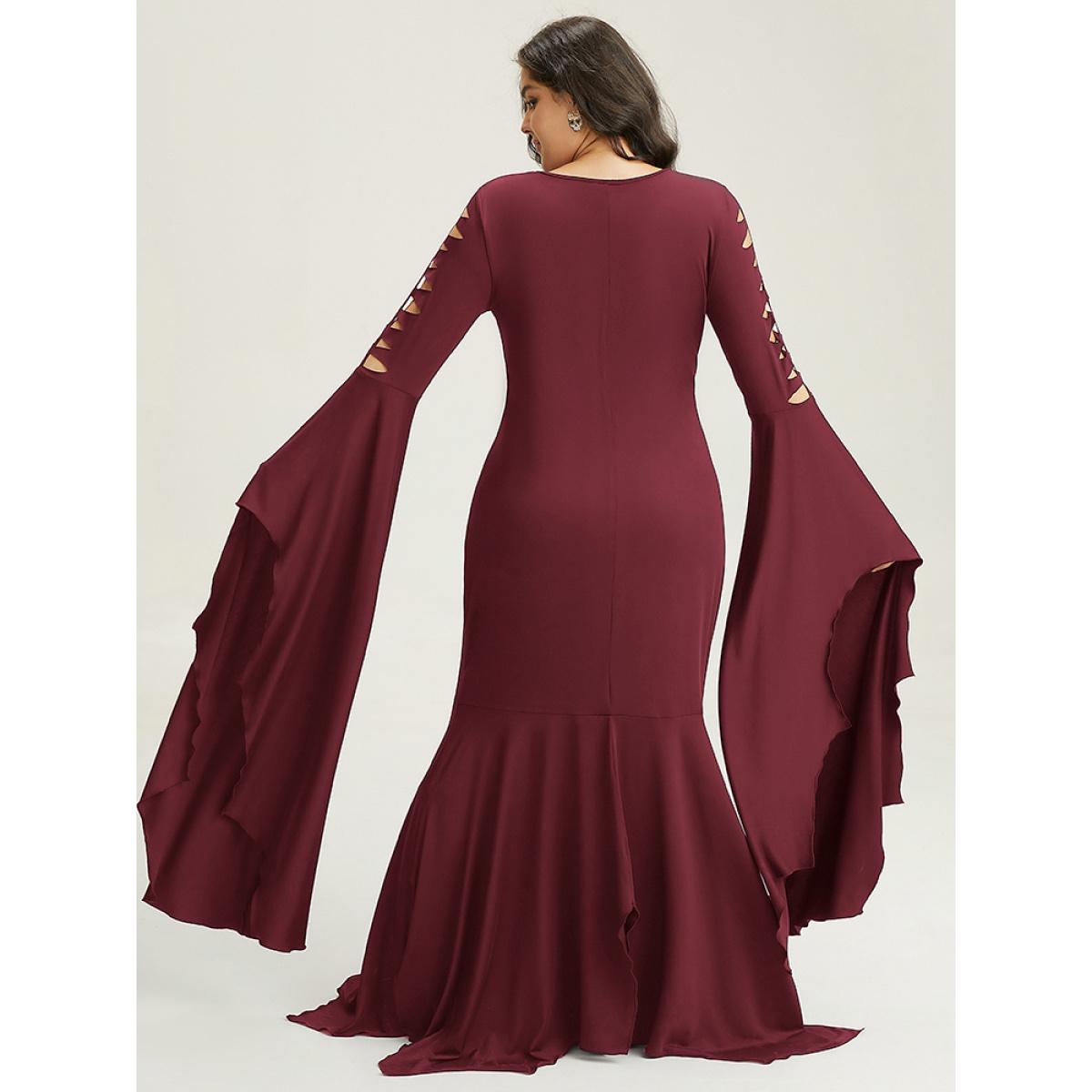 Plus Size Halloween Ripped Extra Long Sleeve Dress Burgundy Women Elegant Plain V-neck Extra Long Sleeve Curvy Maxi Dress BloomChic 14-16/1X Product Image
