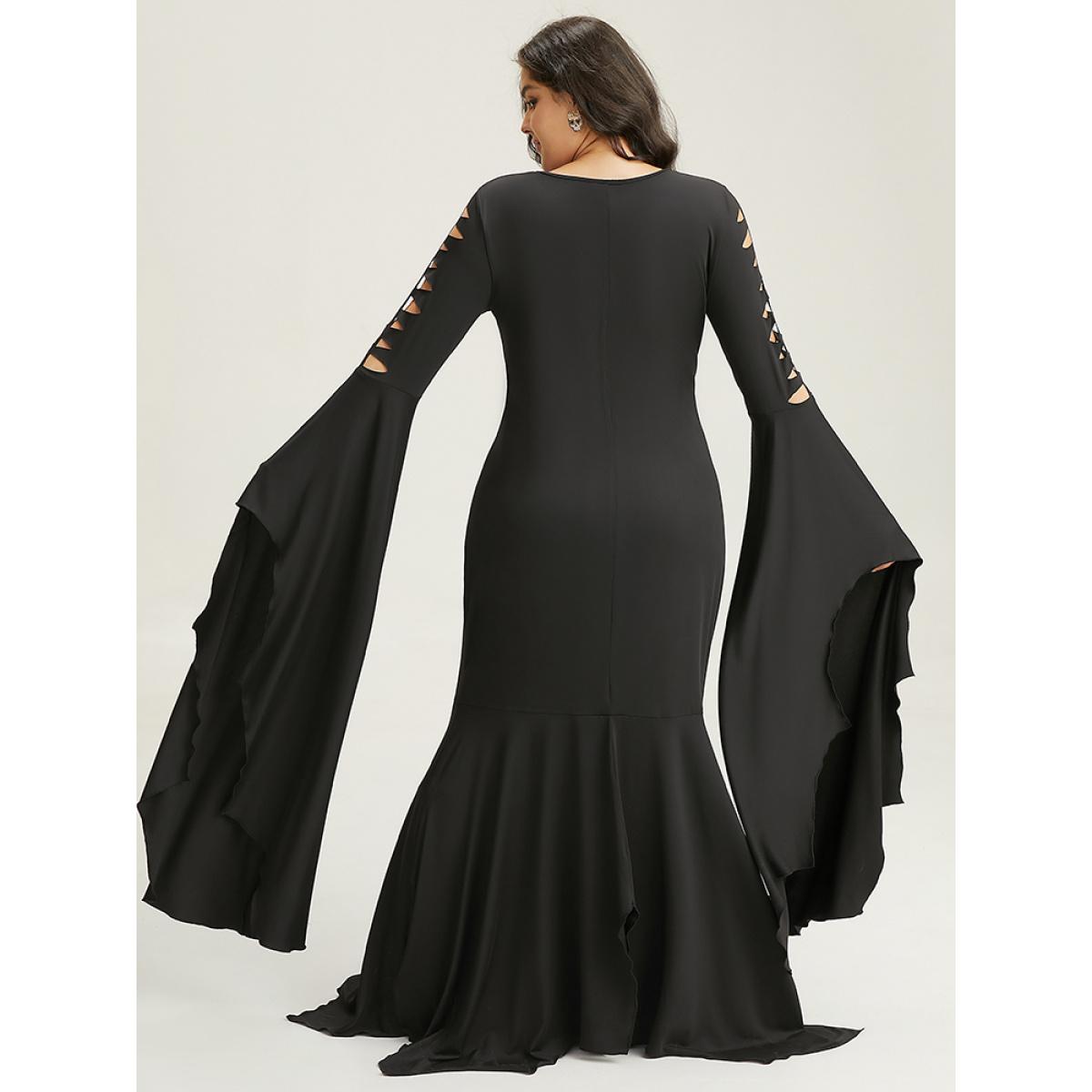 Plus Size Halloween Ripped Extra Long Sleeve Dress Black Women Elegant Plain V-neck Extra Long Sleeve Curvy Maxi Dress BloomChic 22-24/3X Product Image