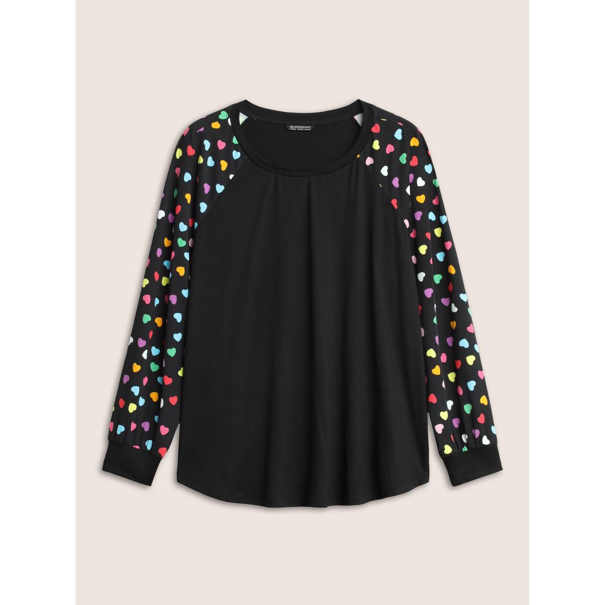 Plus Size Colour Heart Print Raglan Sleeve T-shirt Black Women Timeless Non Heart Print Round Neck Elegant T-shirts BloomChic 26/4X Product Image