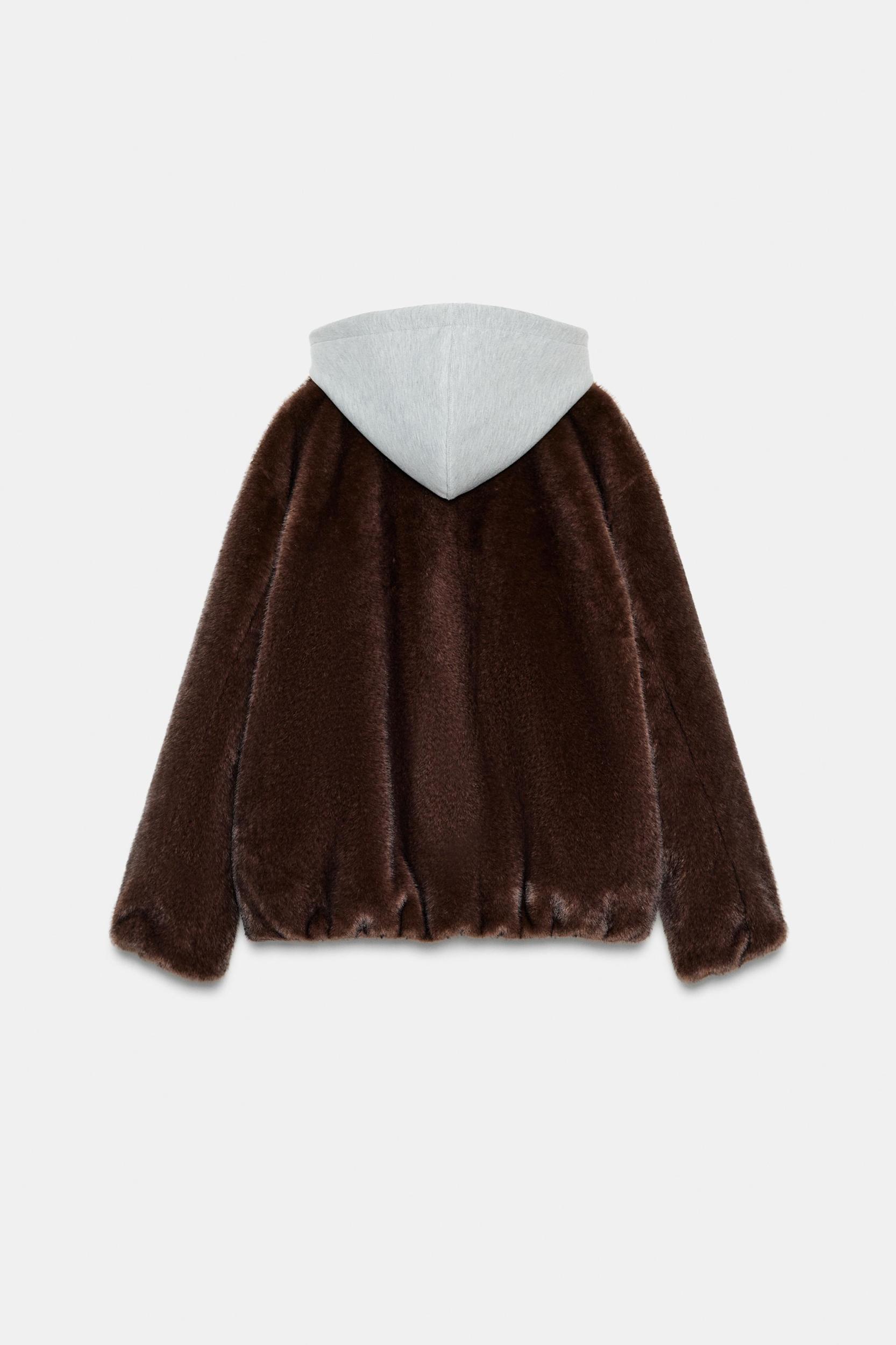 CONTRAST FAUX FUR HOODIE BOMBER JACKET Product Image