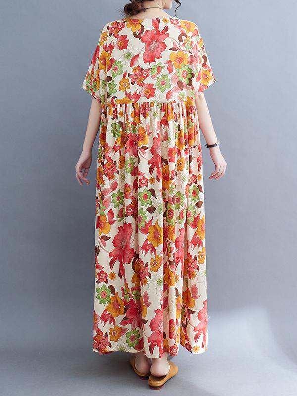 Loose Short Sleeves Pleated Printed Split-Joint Round-Neck Midi Dresses Product Image