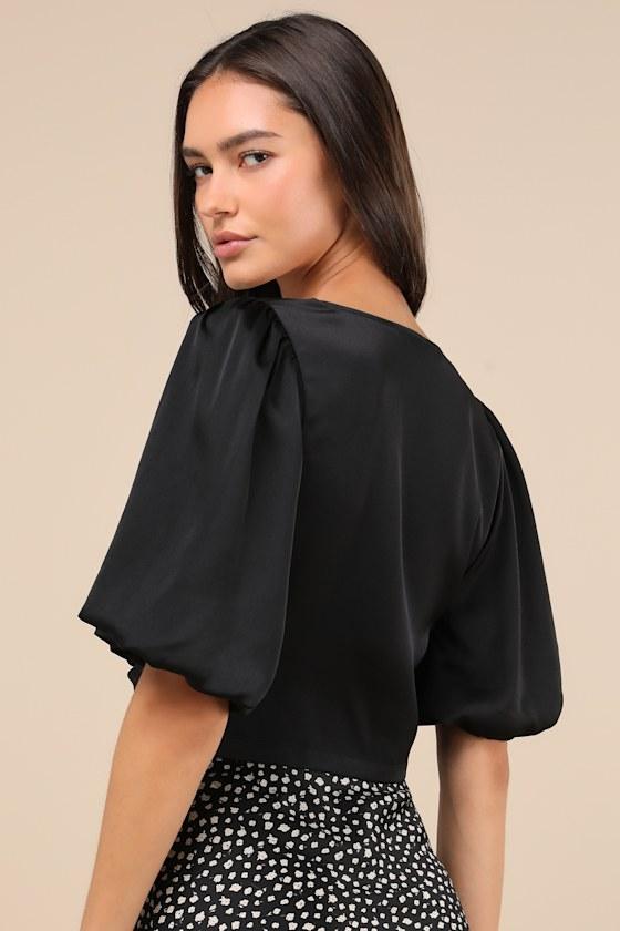 Romantic Snapshot Black Satin Puff Sleeve Tie-Front Top Product Image