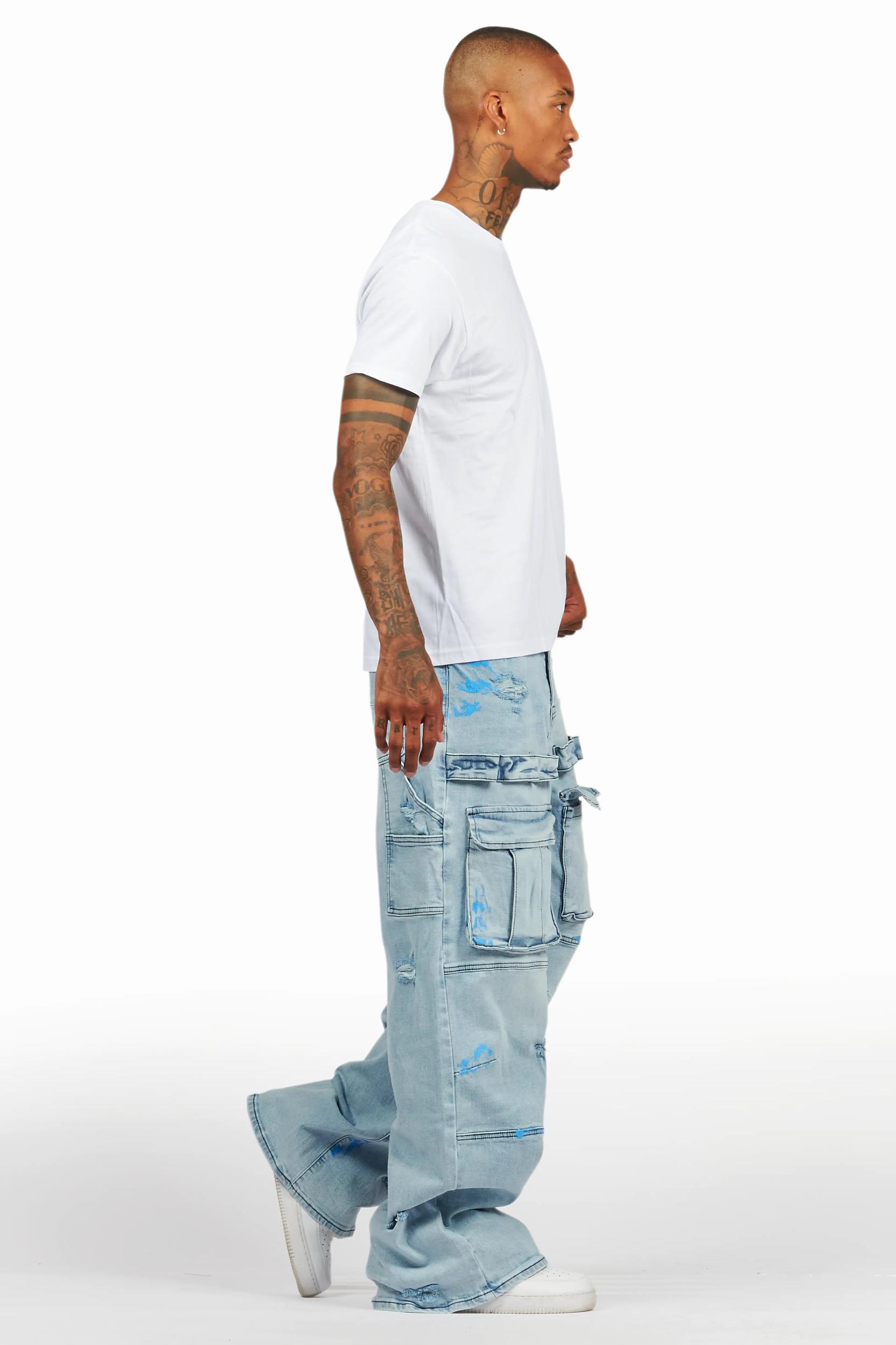 Lake White/Blue T-Shirt/Baggy Fit Cargo Jean Set Male Product Image