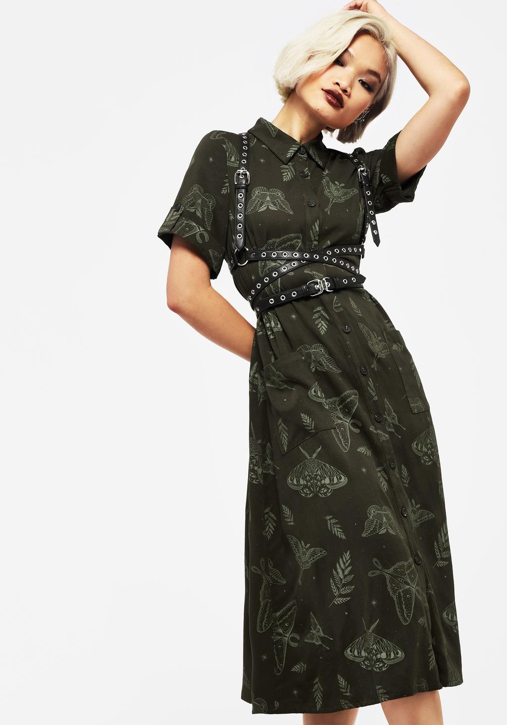 Callopistria Moth Print Midi Shirt Dress - Green Product Image