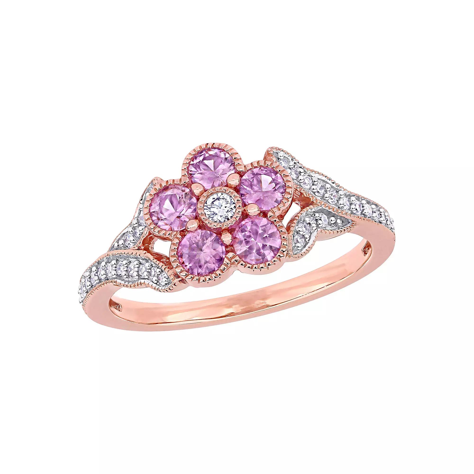 Stella Grace 10K Rose Gold Pink Sapphire & 1/6 Carat T.W. Diamond Flower Ring, Women's,  Product Image
