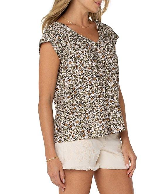 Liverpool Los Angeles Leaf Printed V-Neck Short Sleeve Top Product Image