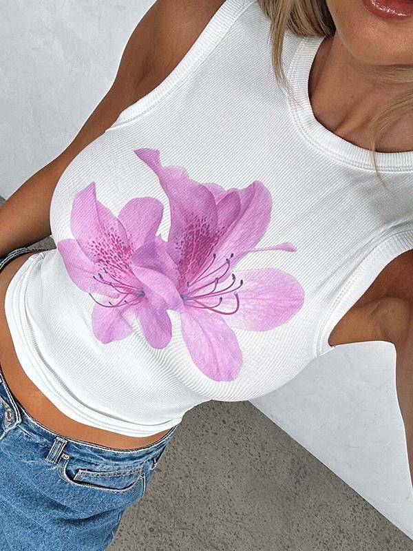 Skinny Sleeveless Flower Print Round-Neck Vest Top Product Image