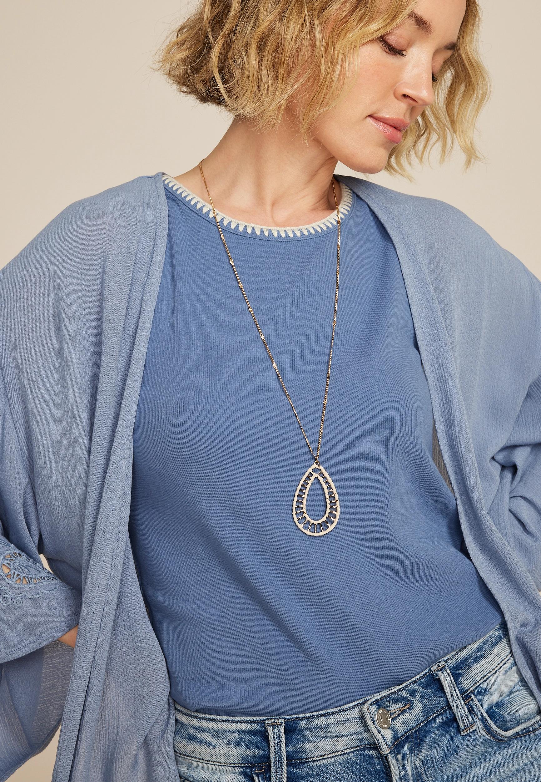 White Raffia Wrapped Border Teardrop Pendant Necklace Product Image