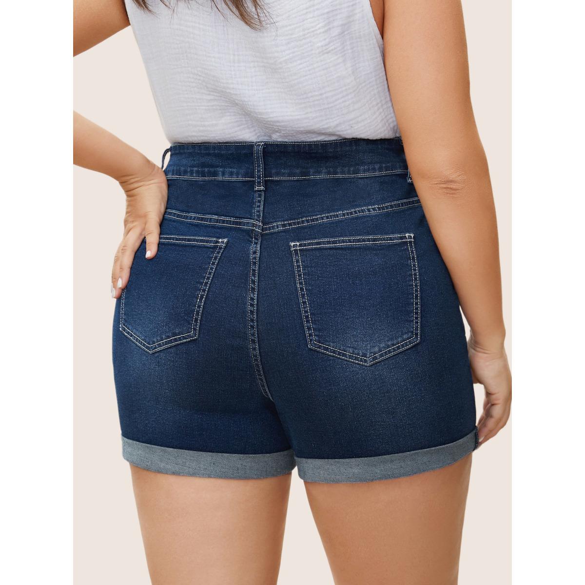 Plus Size Dark Wash Button Detail Roll Hem Denim Shorts Women Indigo Non High stretch Everyday Slanted pocket Elegant Denim Shorts BloomChic 16/1X Product Image