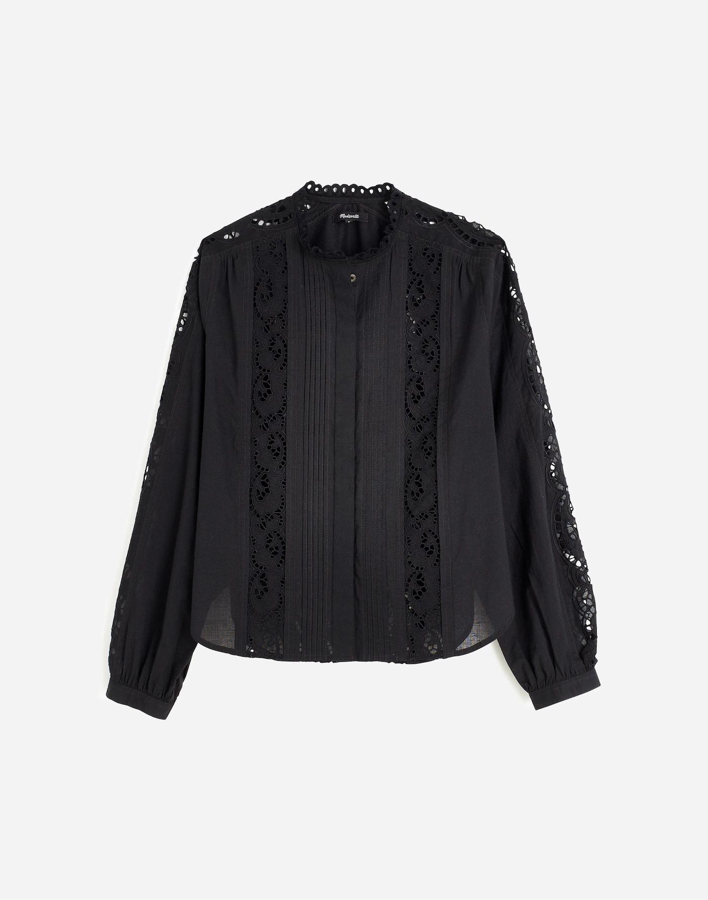 Lace-Inset Pintucked Button-Up Top Product Image