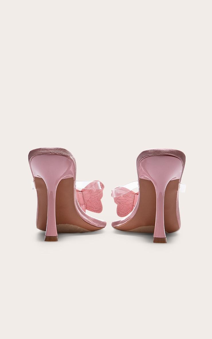 Pink Satin Round Toe Thong Diamante Butterfly Heeled Mules Product Image