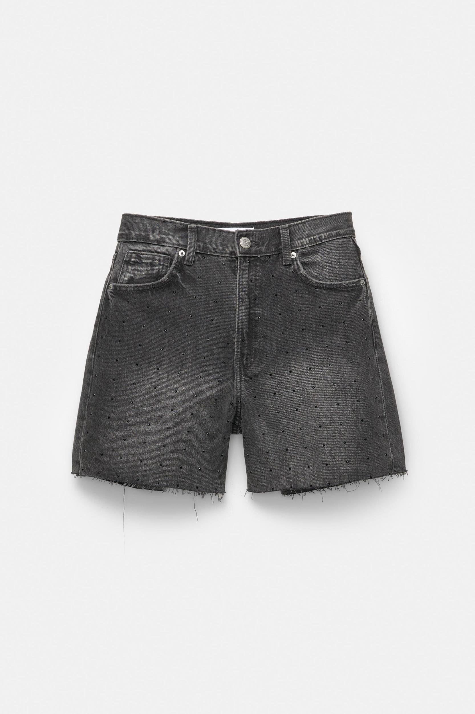 High-rise denim Bermuda shorts with rhinestones Product Image