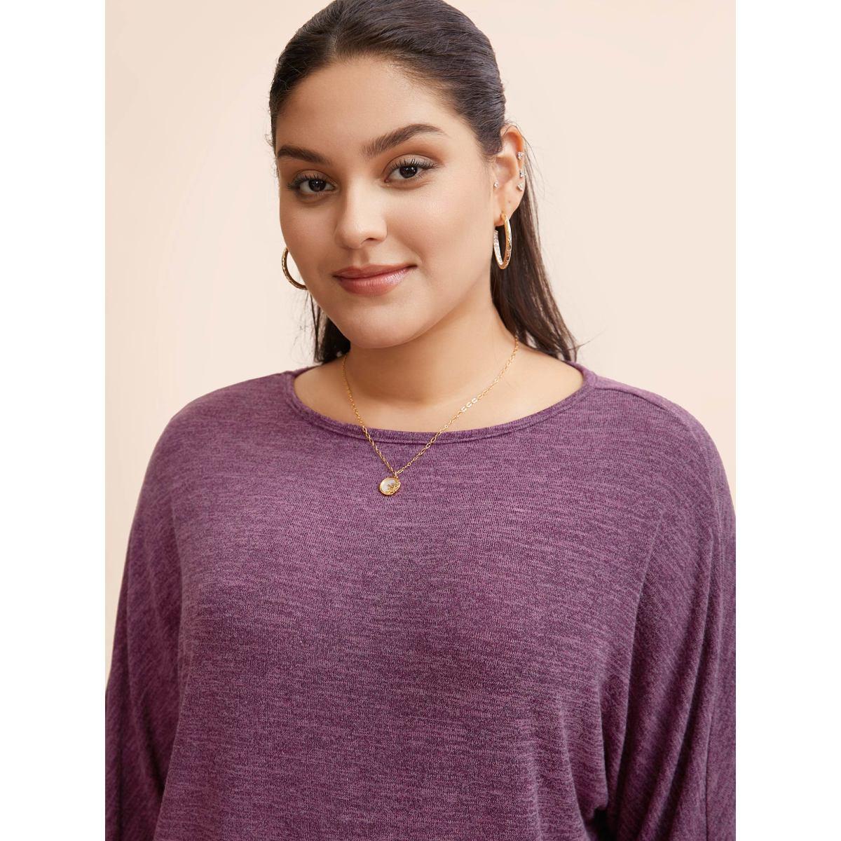 Plus Size Plain Heather Elastic cuffs Dolman Sleeve T-shirt Purple Women Casual Elastic cuffs Plain Round Neck Everyday T-shirts BloomChic 10/M Product Image
