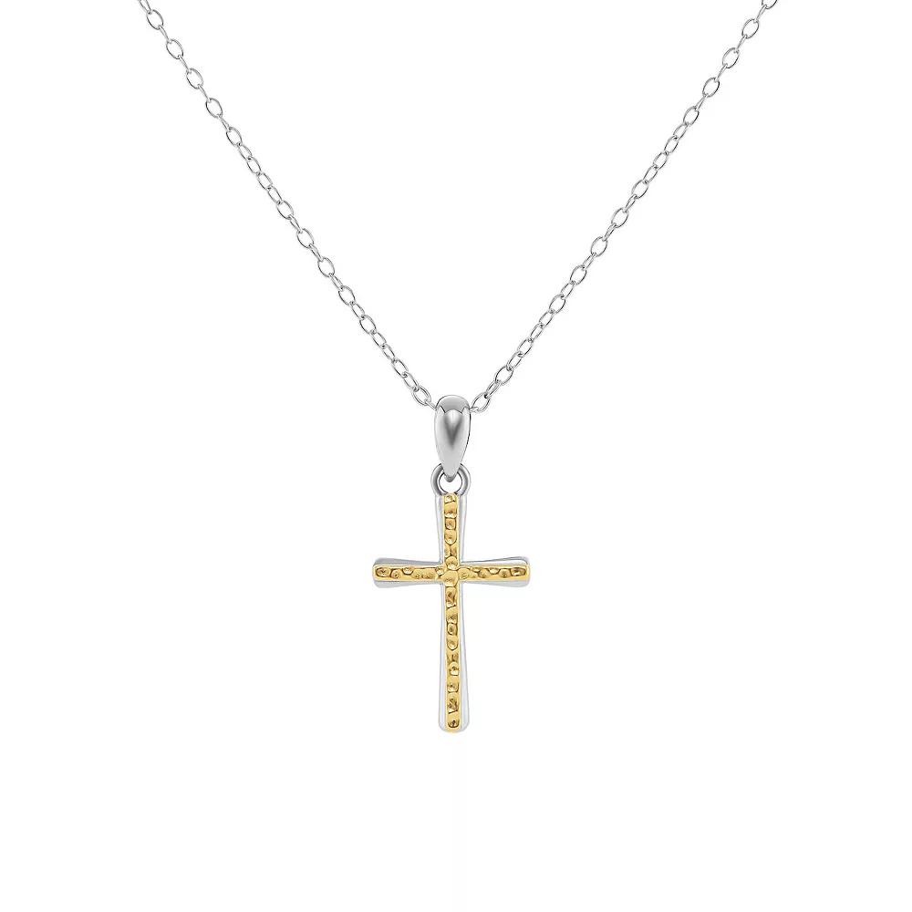 PRIMROSE Two Tone Sterling Silver 18k Gold Plated Hammered Cross Pendant Necklace, Women's, Size: 18" Product Image