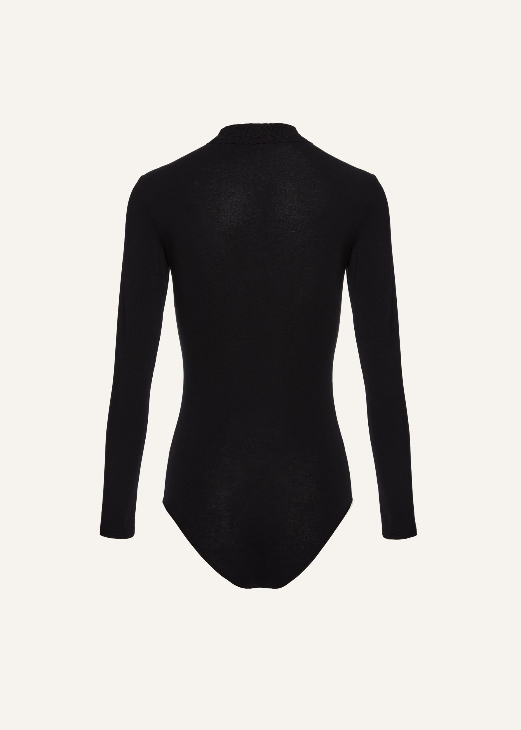 Long-sleeve tricot polo bodysuit in black Product Image