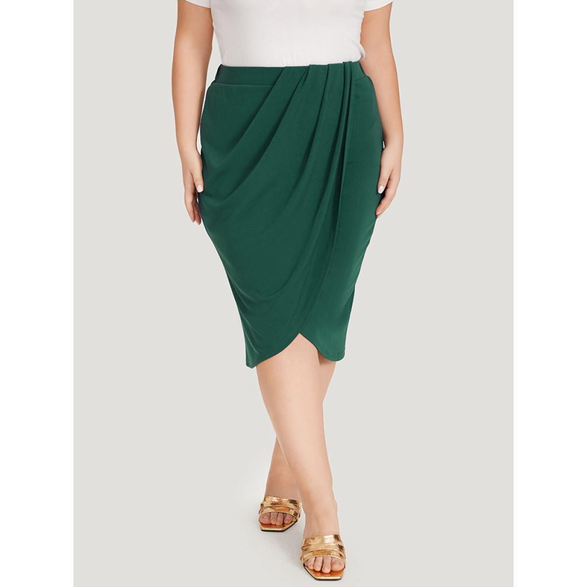 Plus Size Solid Pleated Detail Wrap Hem Skirt Women DarkGreen Office Plain Bodycon No stretch Work Skirts BloomChic 22-24/3X Product Image
