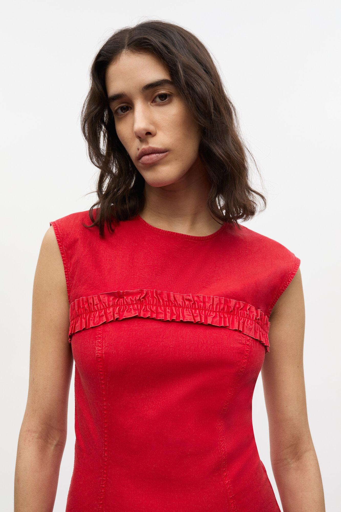 Red Washed Stretch Cotton Corset Mini Dress Product Image