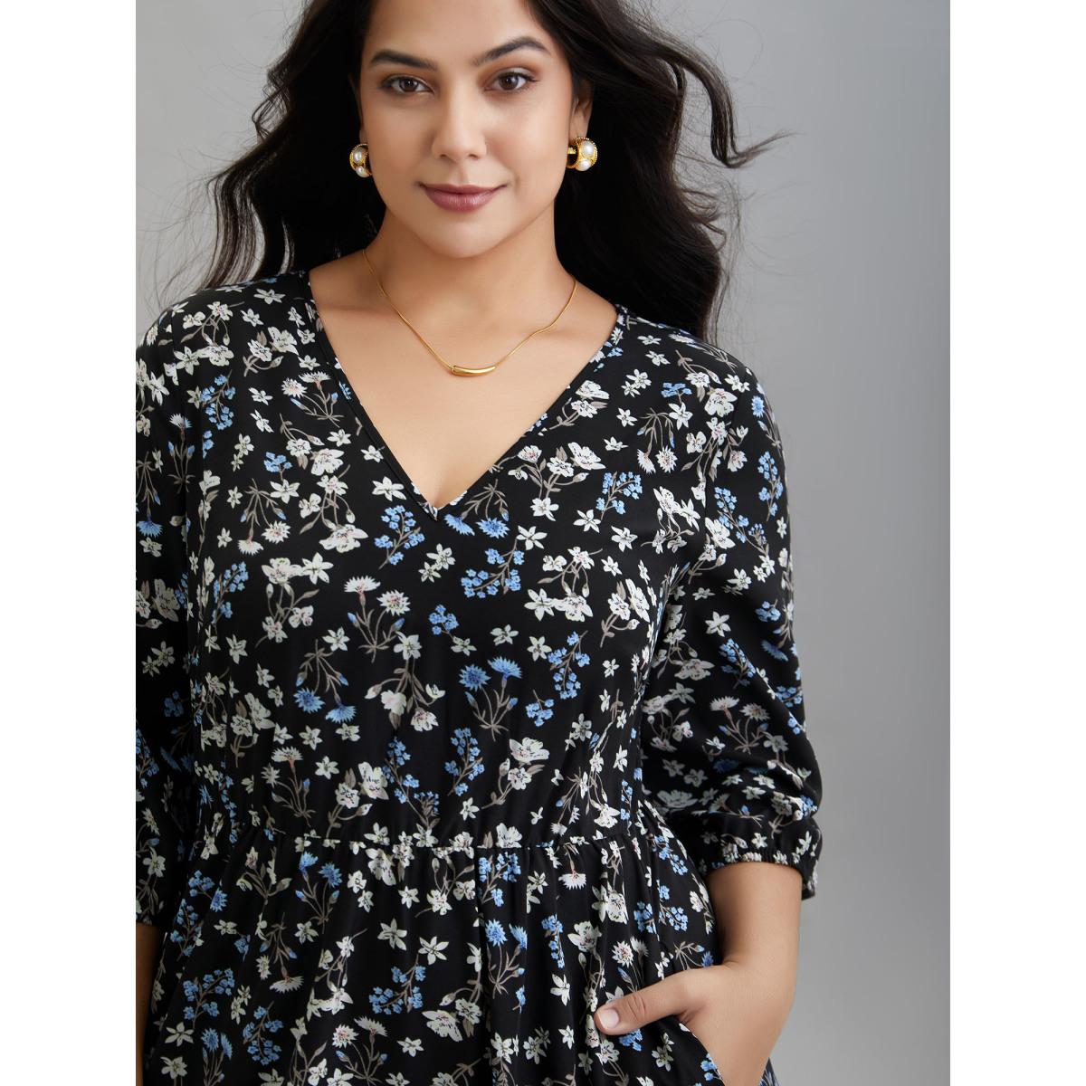 Plus Size Floral Print Stretchy-Waist Pockets Midi Dress BlackFlower Women Elegant Non V-neck Elbow-length sleeve Curvy BloomChic 10/M Product Image