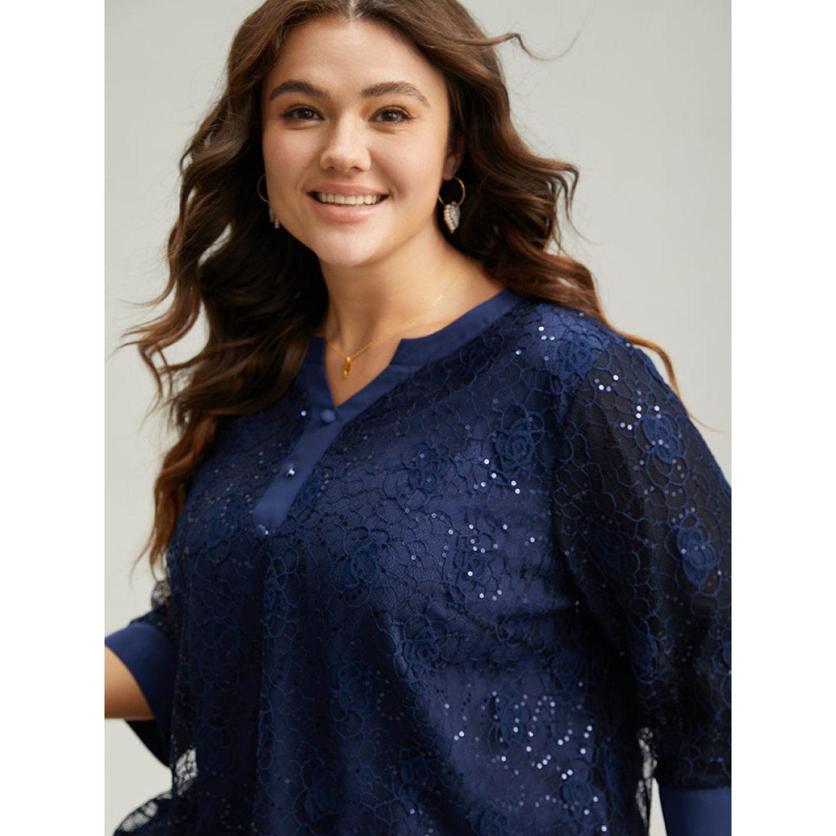Plus Size Indigo Sequin Guipure Lace Button Detail Blouse Women Glamour Elbow-length sleeve V-neck Going out Blouses BloomChic 22-24/3X Product Image