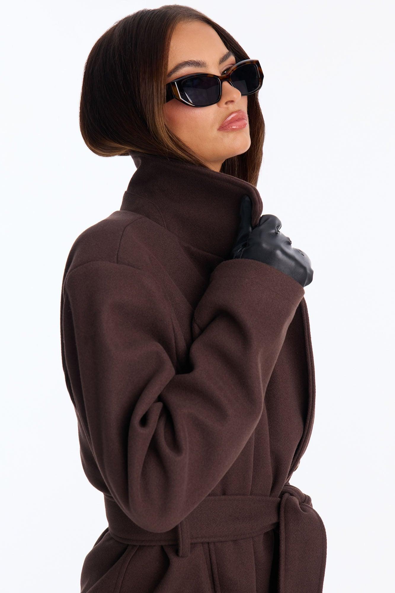 Executive Decision Belted Power Shoulder Coat - Brown Female Product Image
