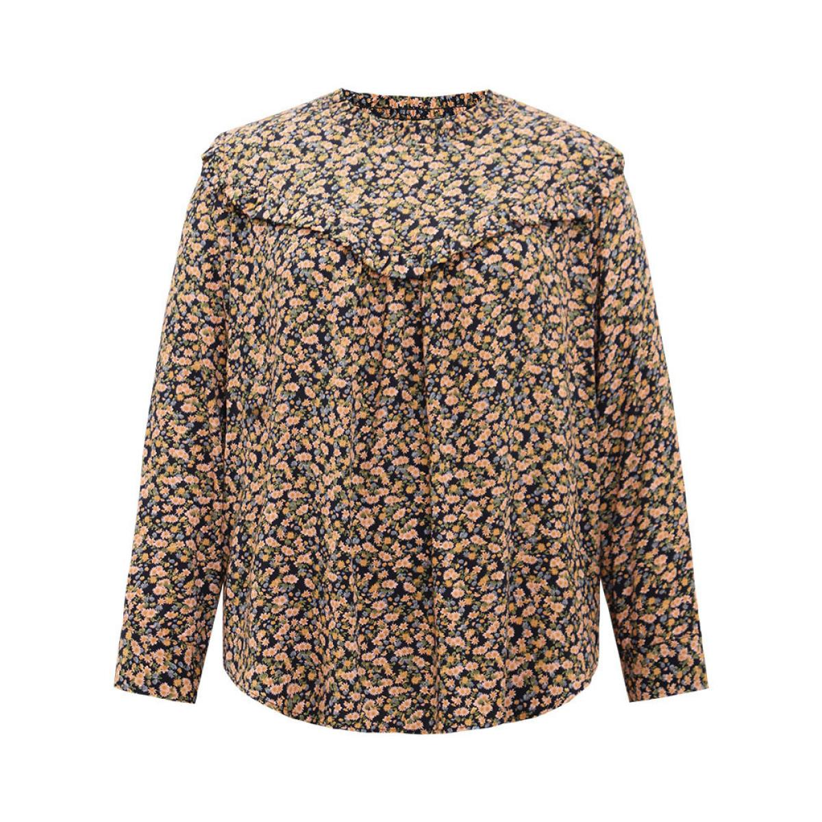 Plus Size Multicolor Ditsy Floral Shirred Ruffle Trim Blouse Women Elegant Long Sleeve Halter neck Dailywear Blouses BloomChic 14-16/1X Product Image