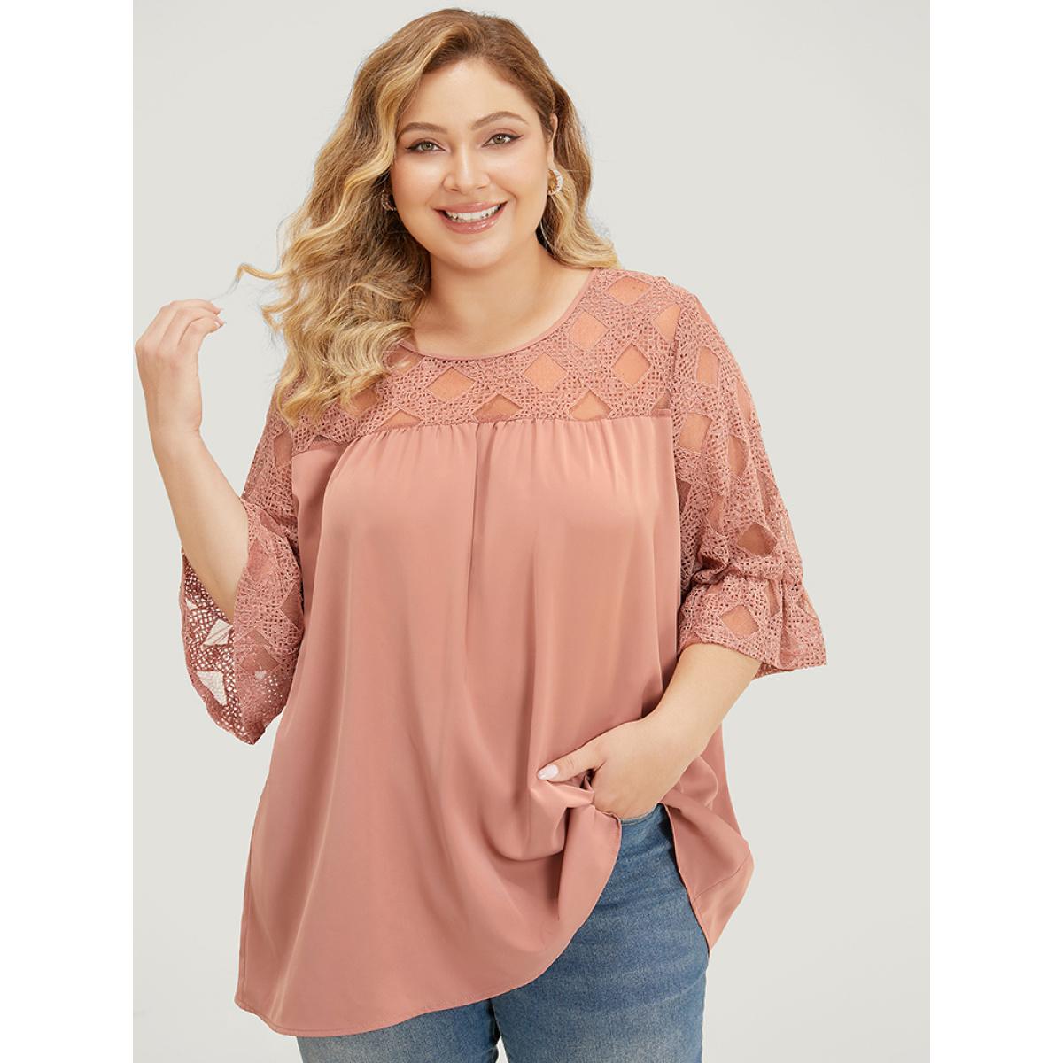 Plus Size DustyPink Solid Lace Mesh Panel Bell Sleeve Blouse Women Elegant Elbow-length sleeve Round Neck Dailywear Blouses BloomChic 26/4X Product Image