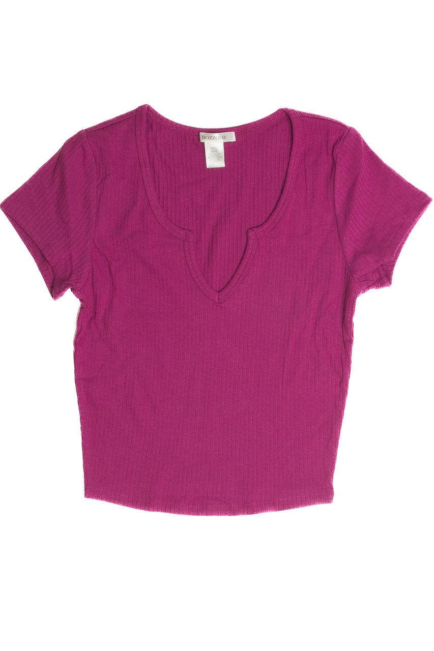 Magenta Notched Ribbed Crop Tee Product Image