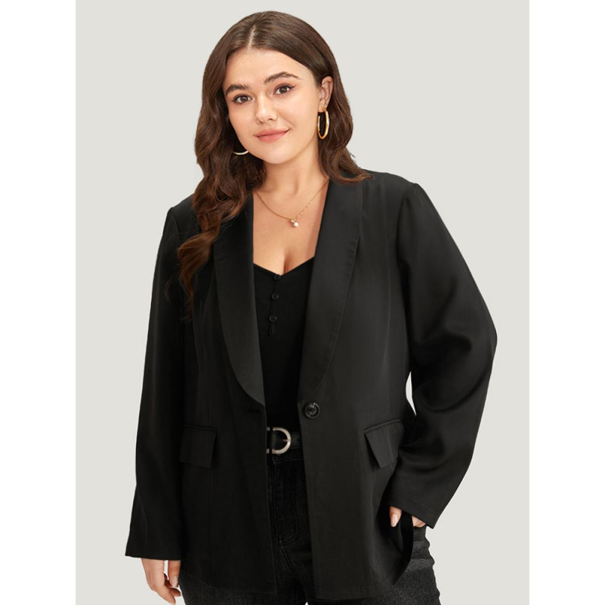 Plus Size Plain Suit Collar Button Up Pocket Blazer Black Women Work Plain Plain Sleeve Long Sleeve Suit Collar 22-24/3X Pocket At the Office Blazers BloomChic Product Image