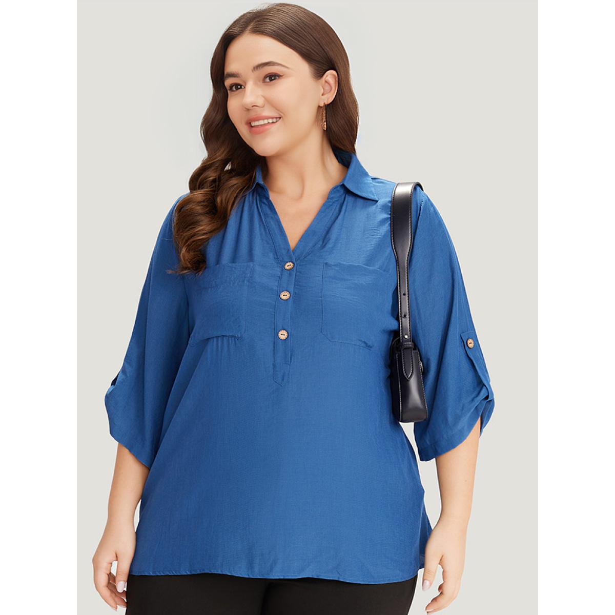 Plus Size Aegean Supersoft Essentials Solid Button Up Pocket Shirt Collar Blouse Women Office Elbow-length sleeve V-neck Dailywear Blouses BloomChic 18-20/2X Product Image