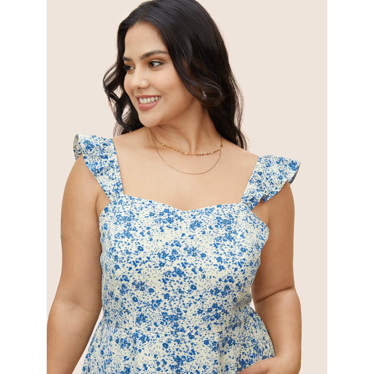 Plus Size Ditsy Floral Ruffle Trim Side Seam Pocket Dress White Women Elegant Ruffles Square Neck Sleeveless Curvy BloomChic 18-20/2X Product Image