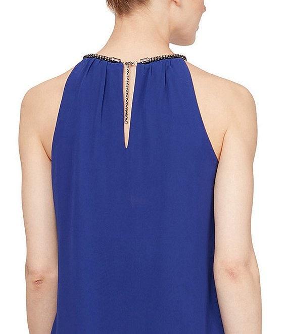 Ignite Evenings Chiffon Sleeveless Embellished Halter Neck Flowy Front Dress Product Image