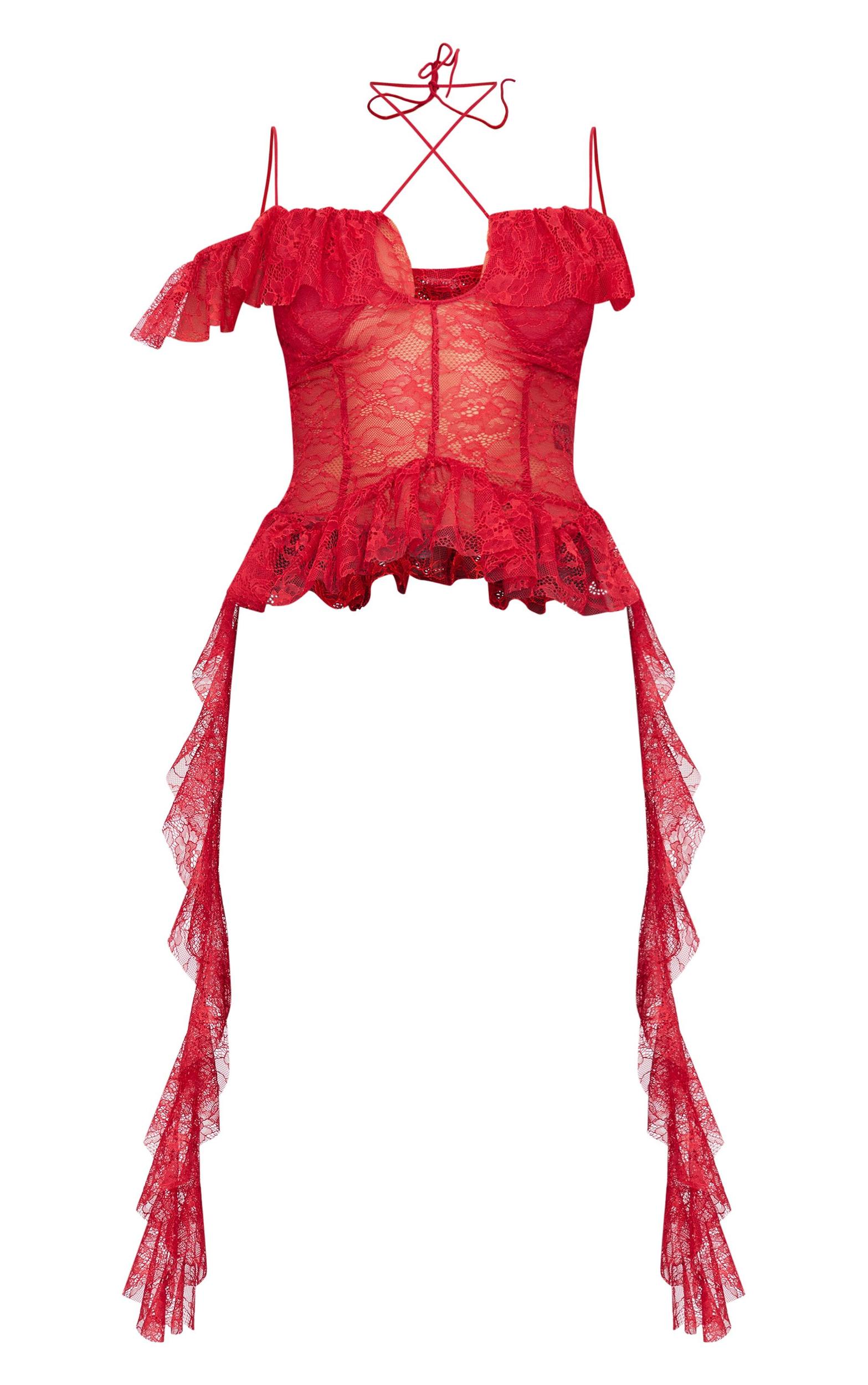 Wine Lace Ruffle Halterneck Long Top Product Image