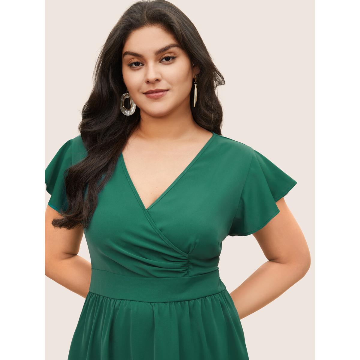 Plus Size Overlap Collar Ruffle Cap Sleeve Gathered Dress Emerald Women Elegant Non Overlap Collar Cap Sleeve Curvy Midi Dress BloomChic 14-16/1X Product Image