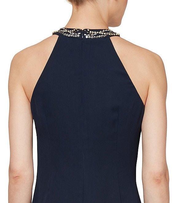 Ignite Evenings Beaded Braid Sleeveless Halter Neck Chiffon Ruffle Front Dress Product Image