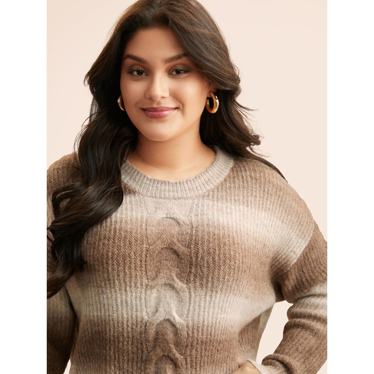 Plus Size Crew Neck Textured Drop Shoulder Pullover Yellowishbrown Women Casual Loose Long Sleeve Round Neck Everyday Pullovers BloomChic 26/4X Product Image