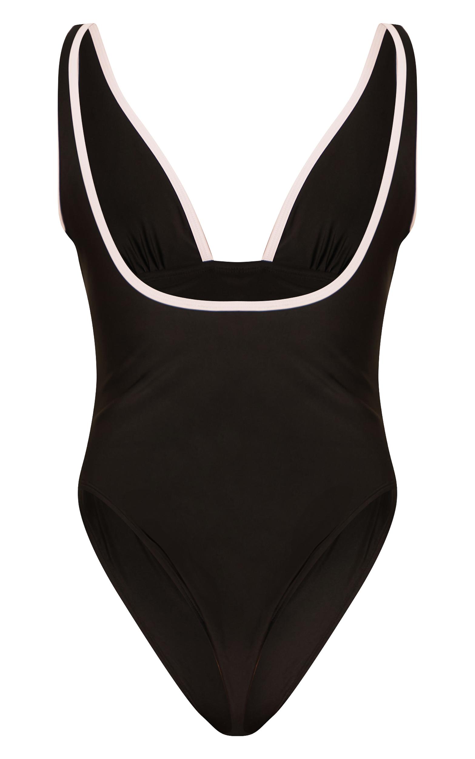 Black Contrast Binding Plunge Ruched Swimsuit Product Image
