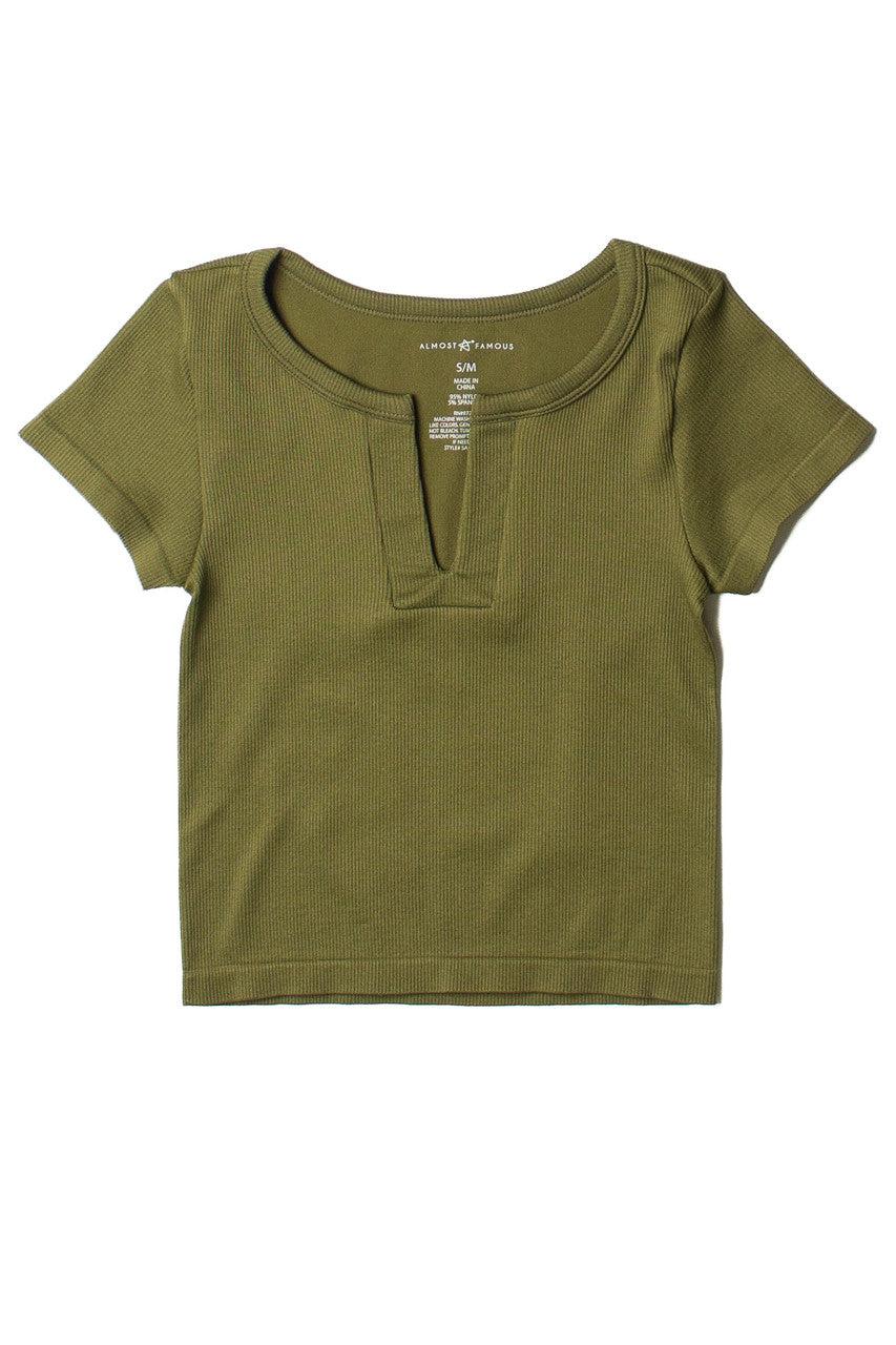 Caper Green Seamless Ribbed Notch Neck Tee Product Image