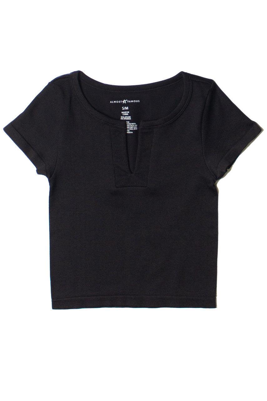 Black Seamless Ribbed Notch Neck Tee Product Image