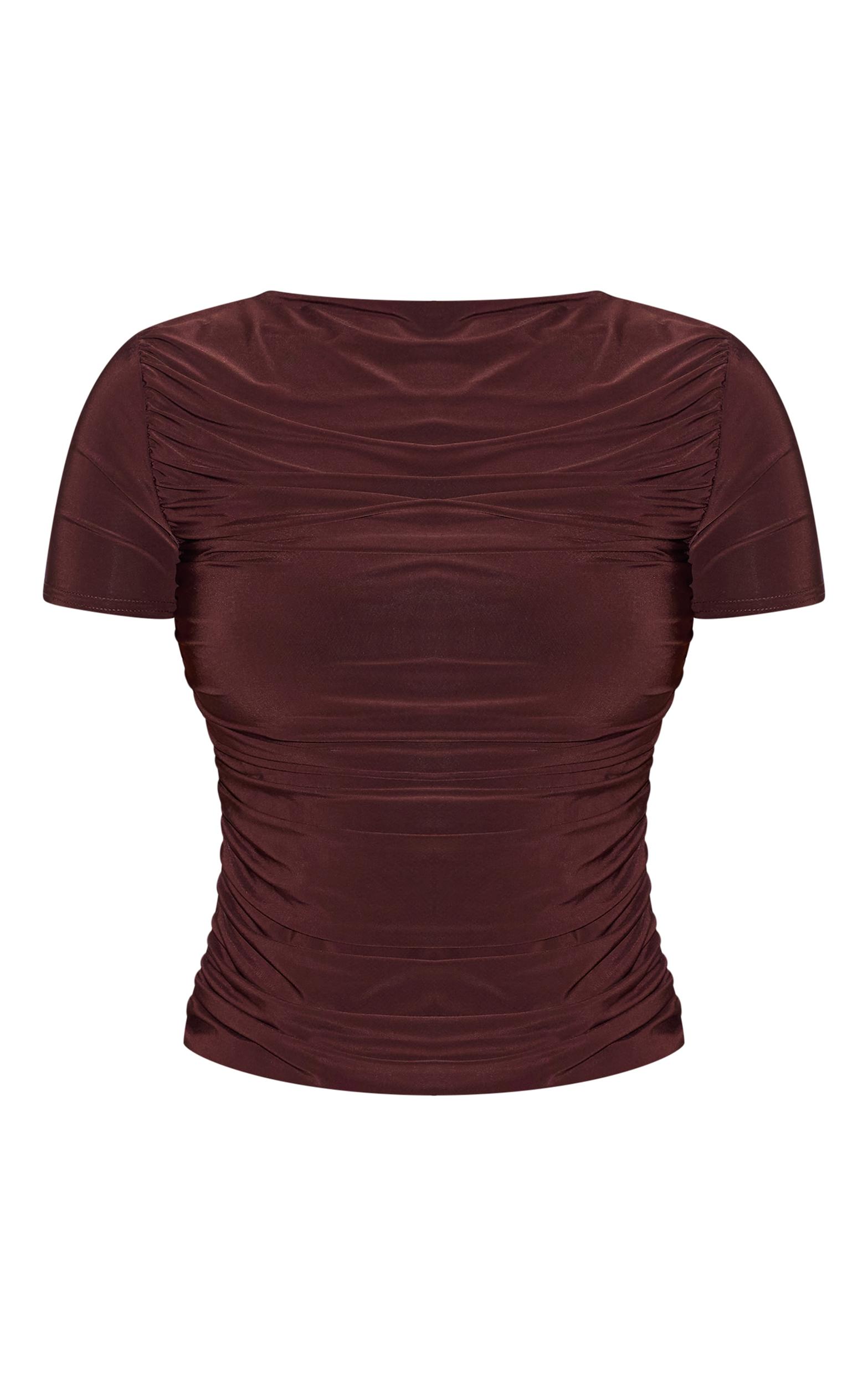  Chocolate Ruched Detail Slinky Long Top Product Image