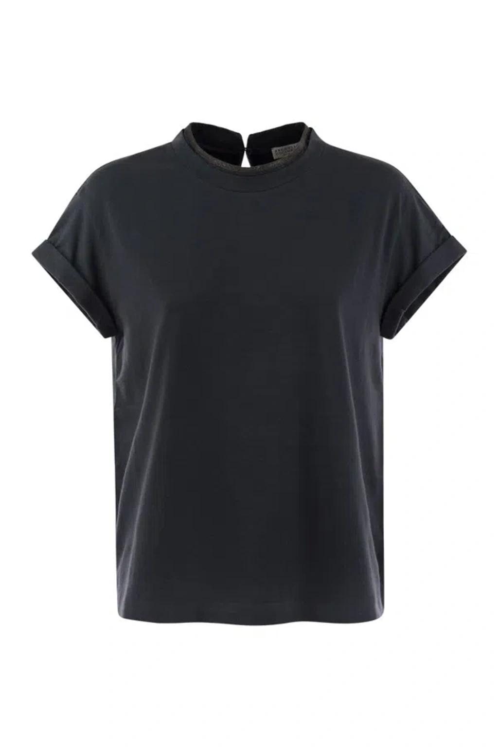 BRUNELLO CUCINELLI Women Stretch Cotton Jersey T-shirt With Precious Faux-layering In Black Product Image