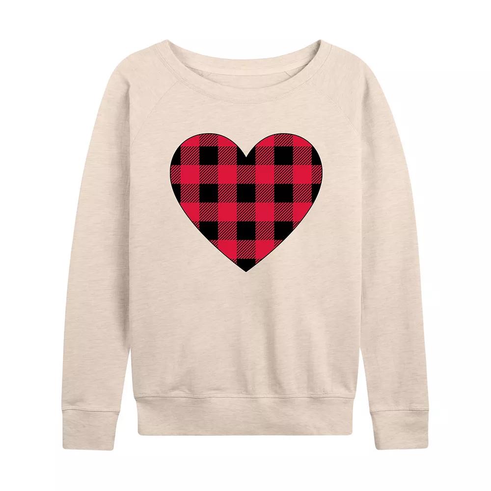 Women's Red Black Plaid Heart French Terry Long Sleeve Tee, Size: XL, Beige Product Image