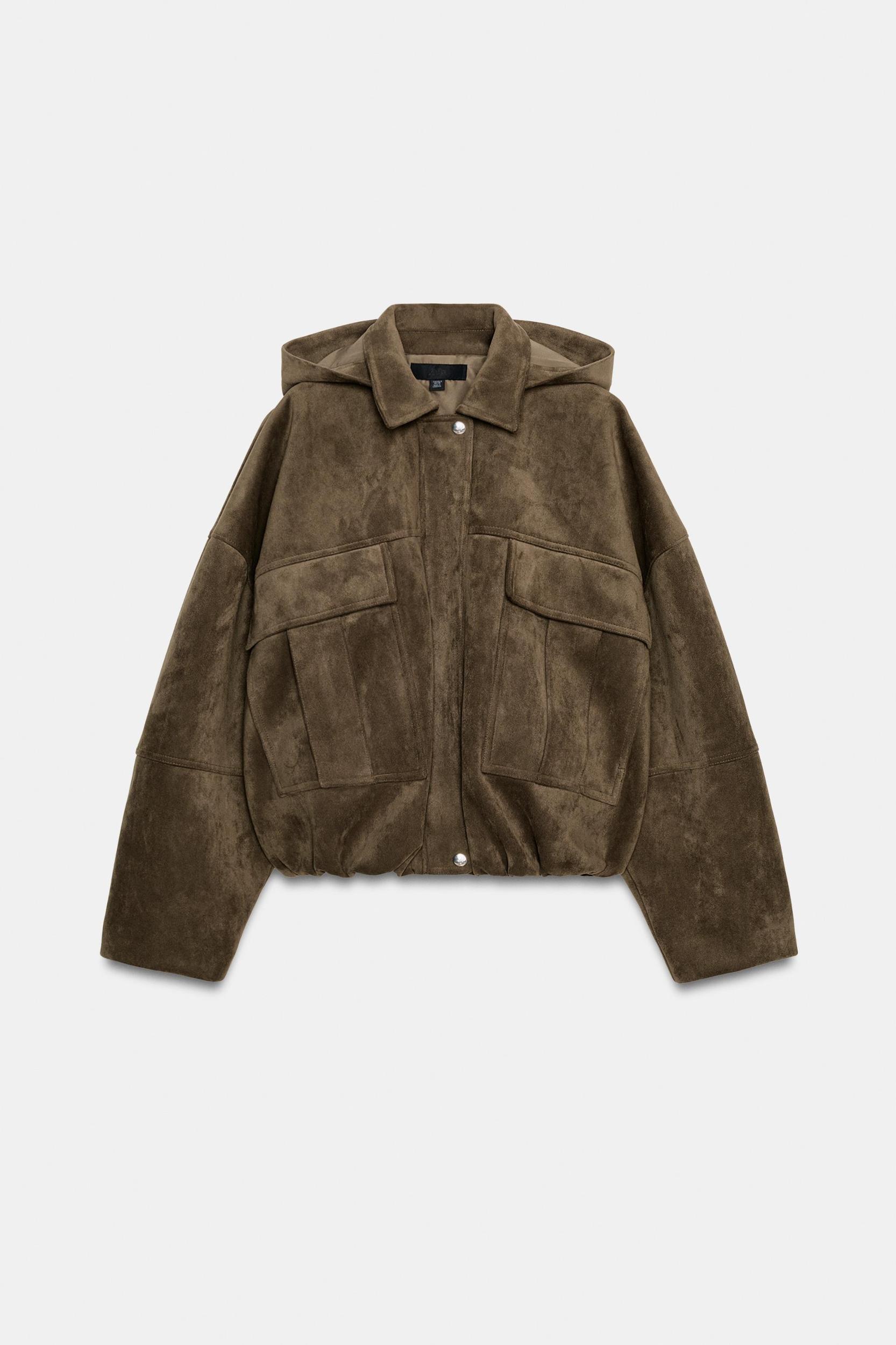OVERSIZED FAUX SUEDE HOODED BOMBER JACKET Product Image