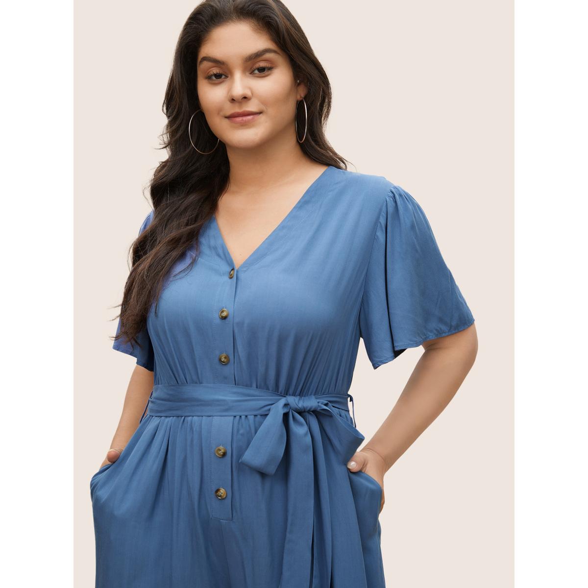 Plus Size Stone Supersoft Essentials Plain Flutter Sleeve Belted Jumpsuit Women Casual Short sleeve V-neck Everyday Loose Jumpsuits BloomChic 12/L Product Image