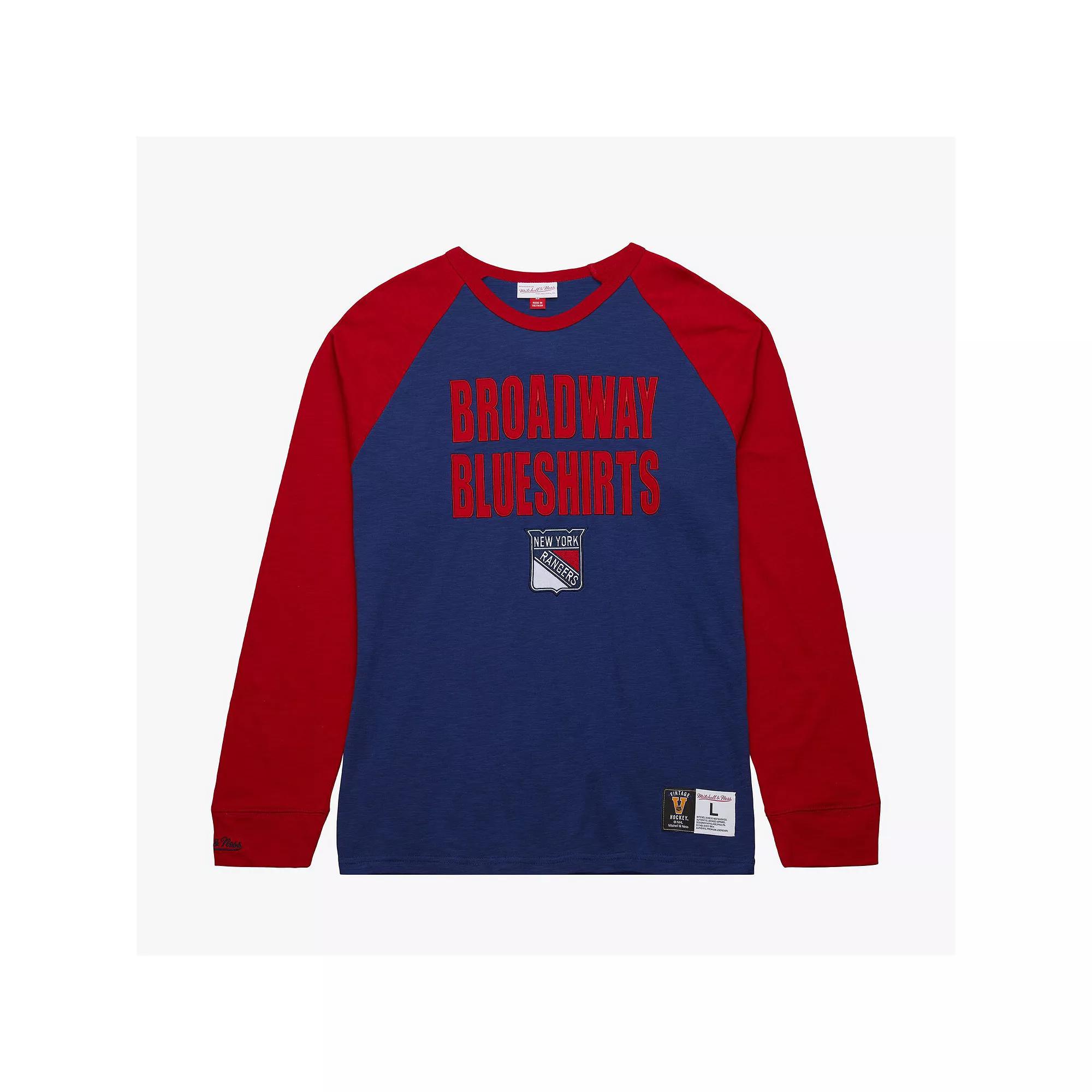 Men's Mitchell & Ness Blue/Red New York Rangers Legendary Slub Raglan Long Sleeve T-Shirt,  Product Image