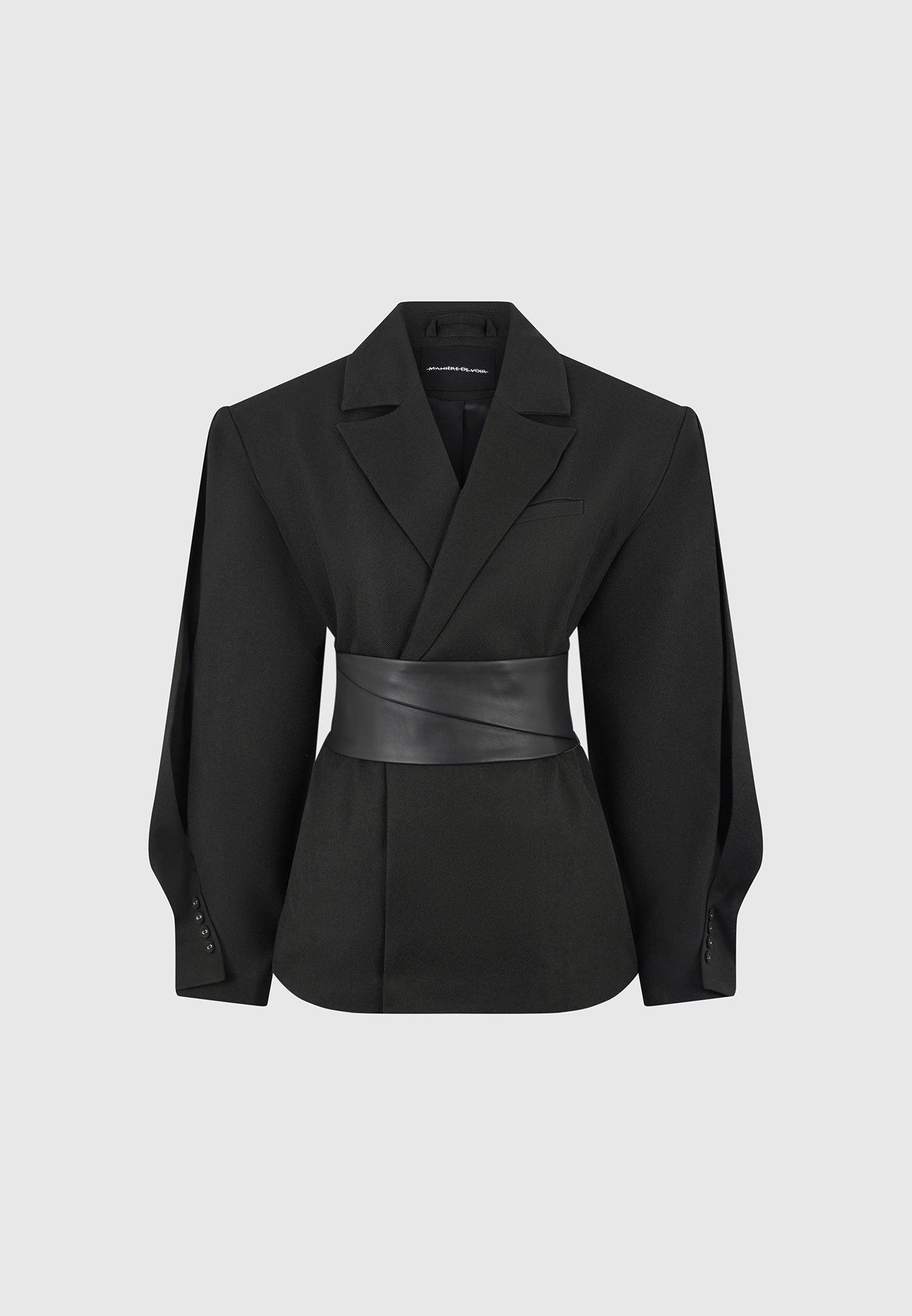 Marie - Twist Sleeve Tailored Blazer with Belt - Black Female Product Image