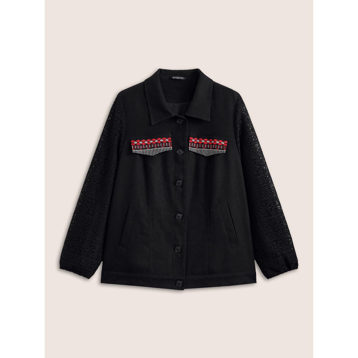 Plus Size Patchwork Embroidered Flap Detail Jacket Women Black Non Slanted pocket Everyday Jackets BloomChic 18-20/2X Product Image